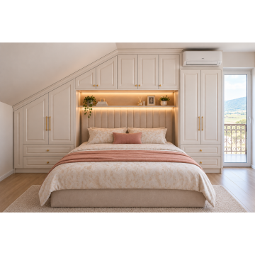 Dormitor neoclasic T-16 la mansardă Dormitor mansardat T-16 cu mobilier crem, accesorii aurii, dulapuri sub pantă, sertare și pat cu tăblie tapițată bej