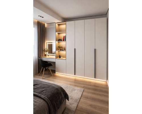 Современный шкаф  для спальни с интегрированным туалетным столиком и LED-подсветкой Т-74