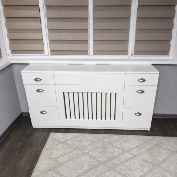 Frumusețe și utilitate: Mască albă pentru calorifer cu depozitare T-50 pentru radiator, cu spațiu de depozitare Mască albă pentru calorifer cu depozitare T-50 cu sertare, finisaj elegant.